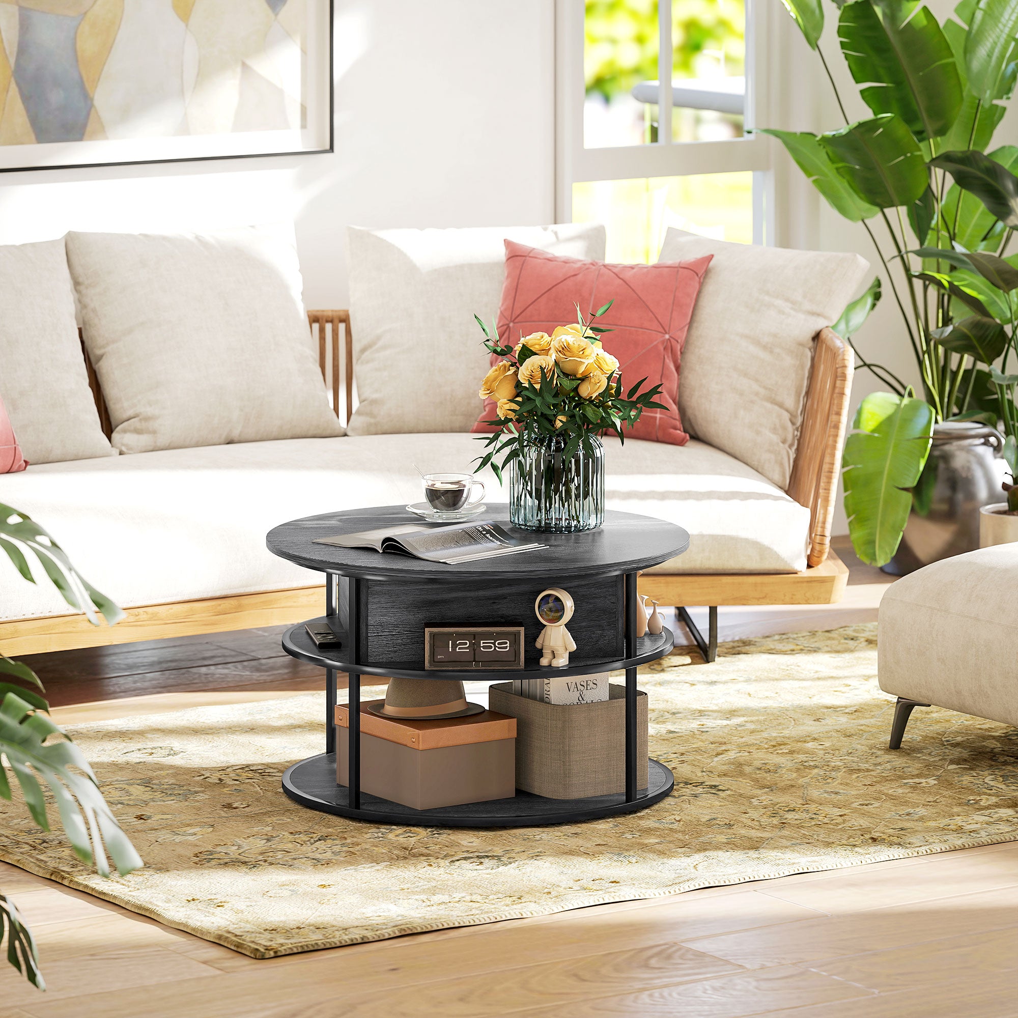 Lift Top Coffee Table, Round Coffee Table with Storage Shelf, Hidden Compartment and Steel Frame for Living Room, Home Office, Charcoal Grey