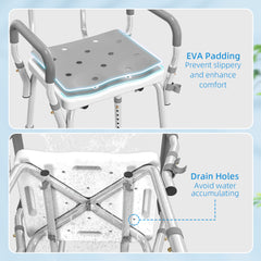 Fynco - EVA Padded Shower Chair for the Elderly and Disabled, Height Adjustable Shower Stool with Back and Arms, 4 Suction Foot Pads, Light Grey
