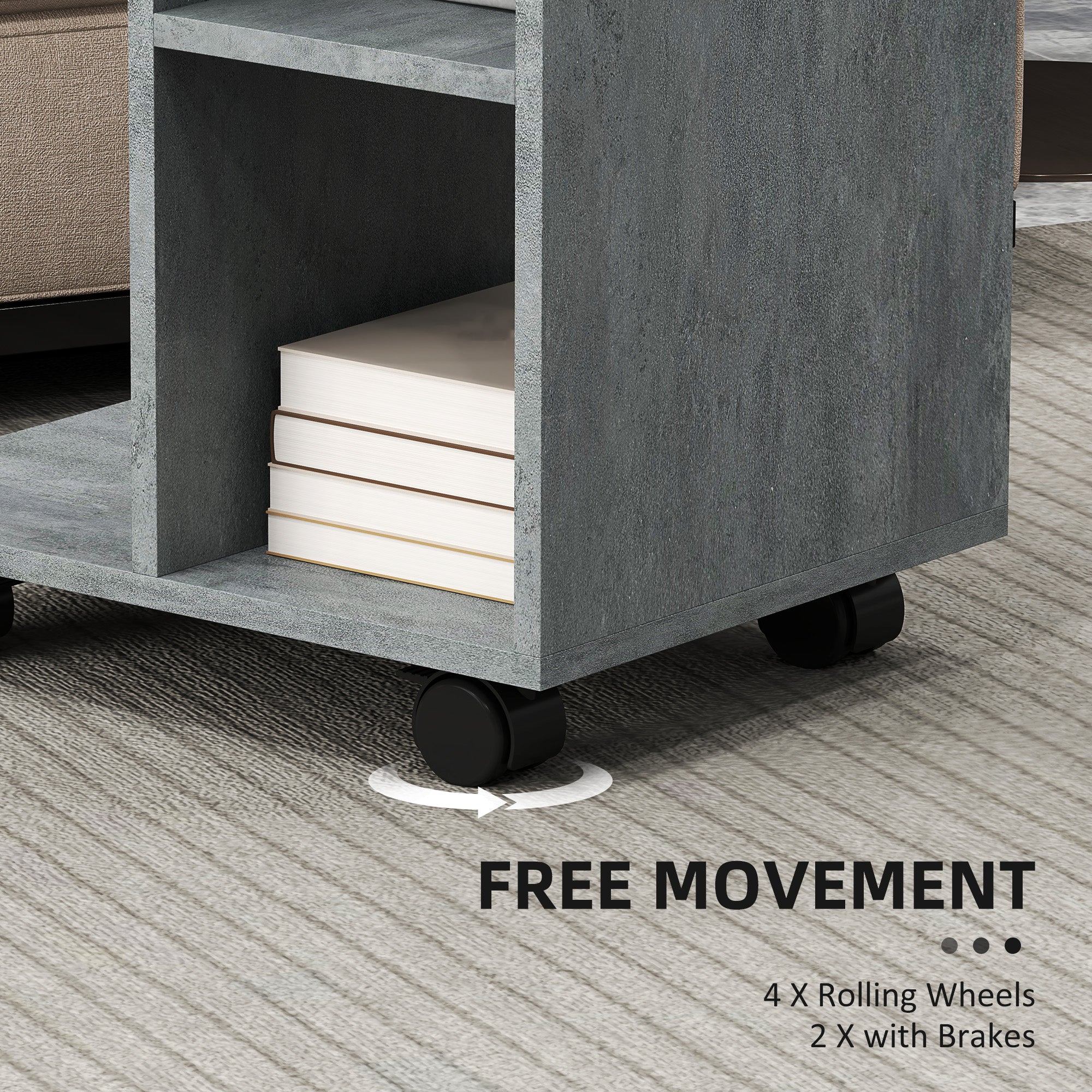C-Shape End Table Unique Storage Unit w/ 2 Shelves 4 Wheels Freestanding Home Office Furniture Cabinet Square Studio Grey