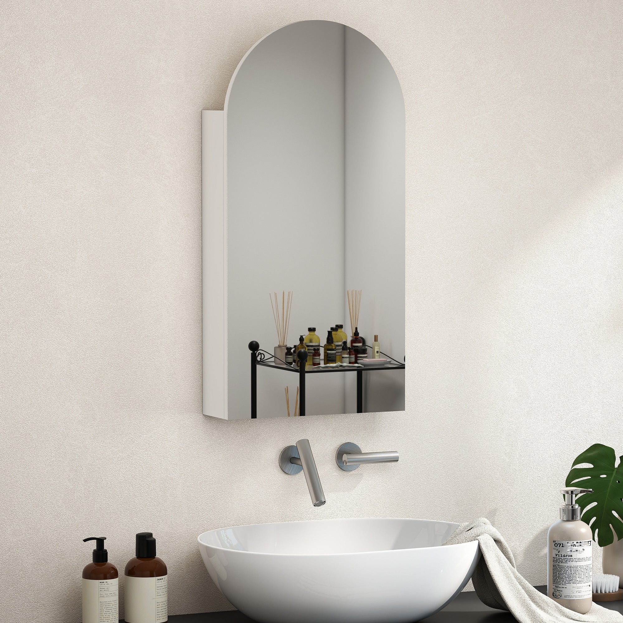Fynco - Arched Bathroom Mirror Cabinet with Adjustable Glass Shelves - White