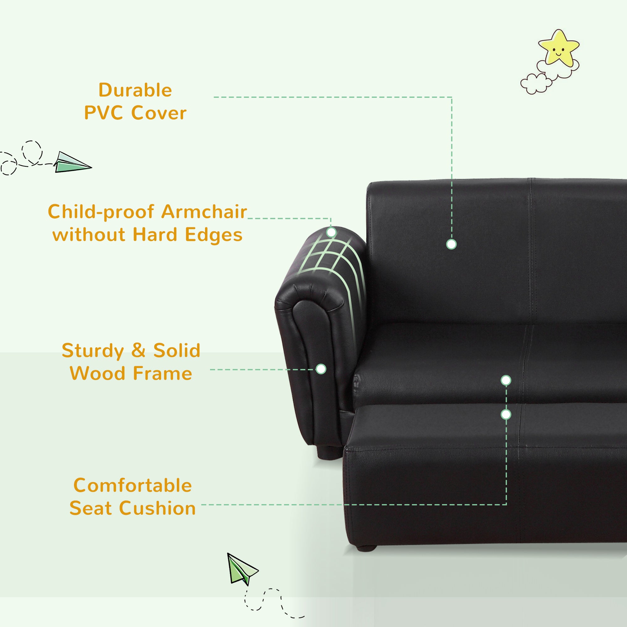 Kids Sofa Bed Kids Twin Sofa Toddler Chair 2 Seater Kids Twin Sofa Chair Boys Girls Couch w/ Footstool (Black)
