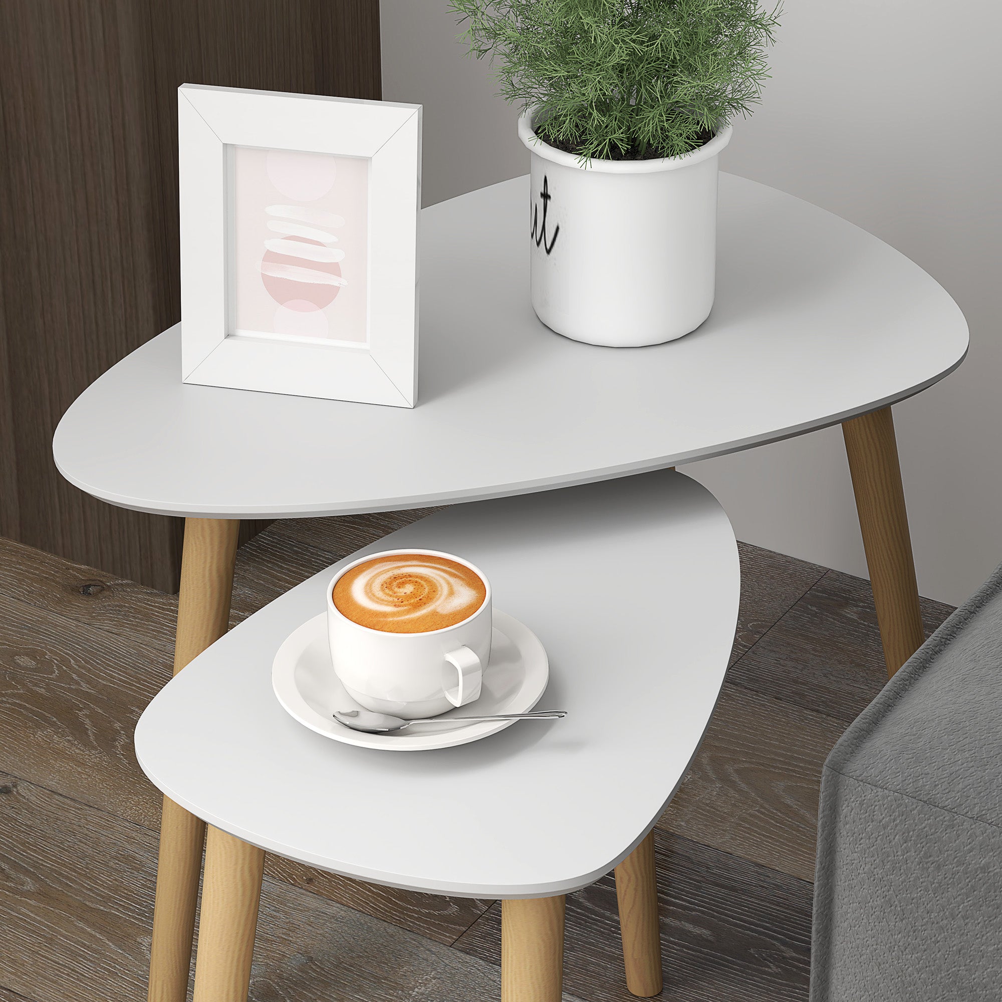 Nesting Coffee Table, Set of 2 Side Tables, Stacking End Tables with Solid Wood Legs, for Living Room Bedroom, Light Grey