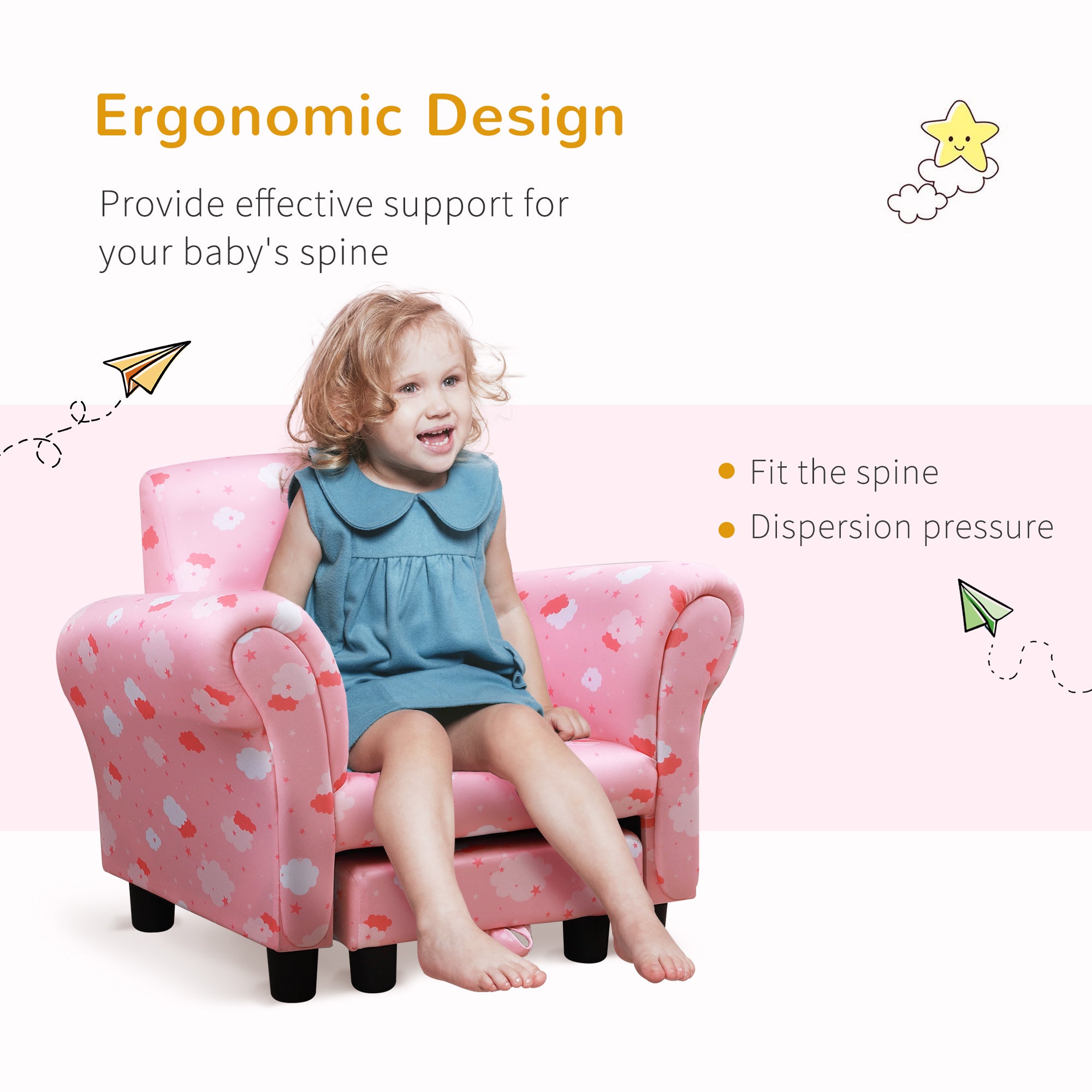 Toddler Chair Children's Armchairs Wood Frame w/ Footrest Anti-Slip Legs High Back Arms for Bedroom Playroom Cute Cloud Star Pink