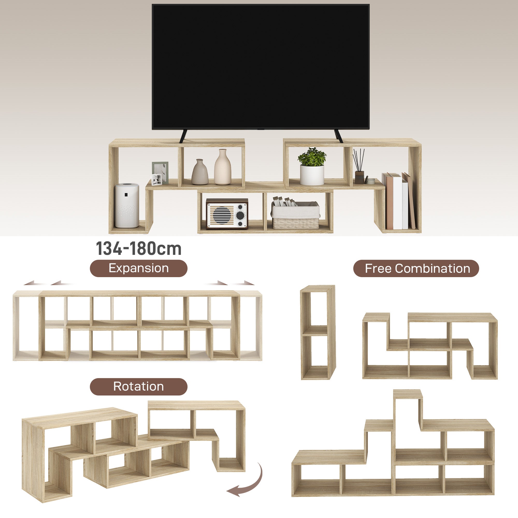 TV Stand for TVs up to 75 Inches, Free Combination TV Unit with Storage Shelves, Extendable Entertainment Centre for Living Room, Grey Oak Wood Grain