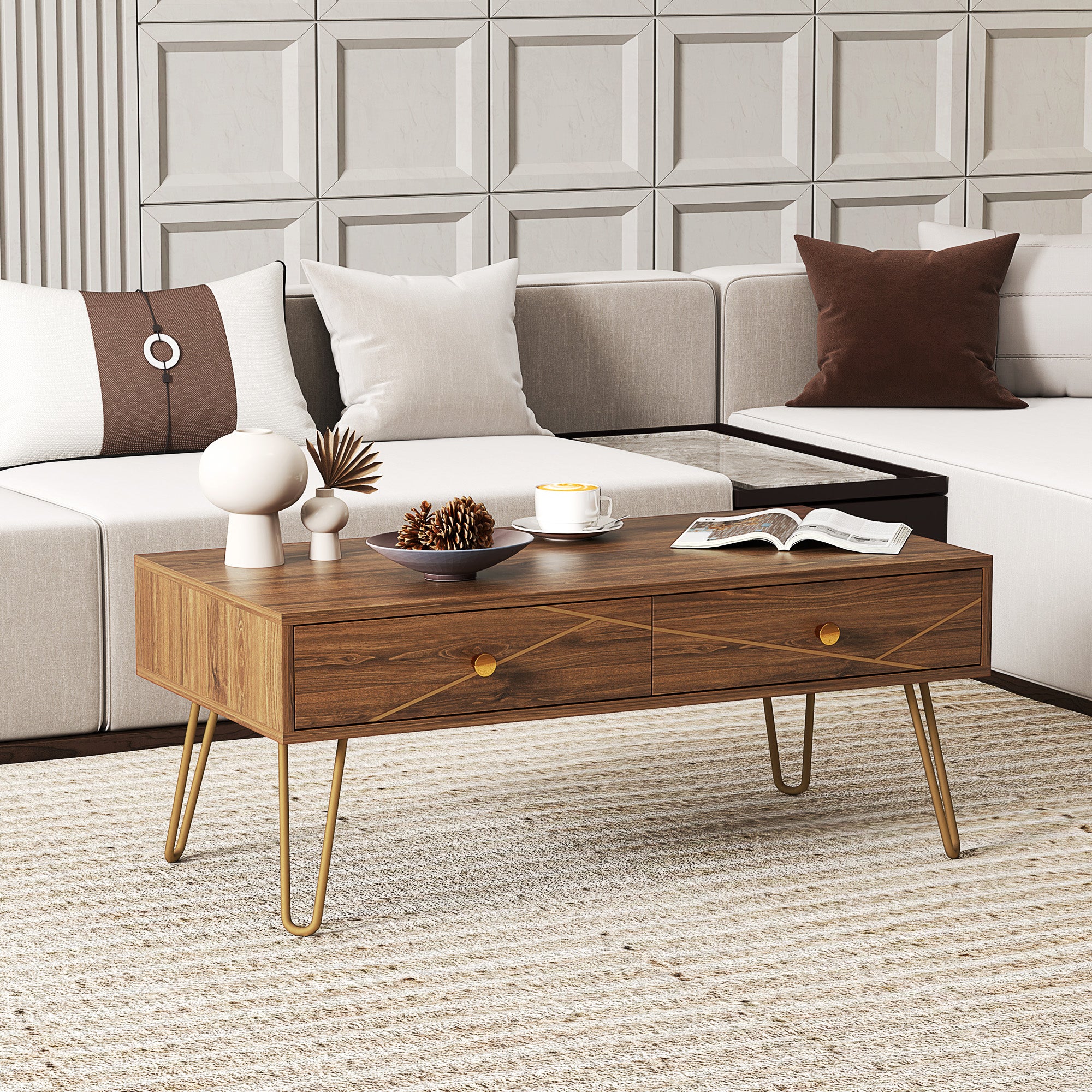 Coffee Table with Storage, Living Room Table with Drawers, Rectangular Tea Table with Steel Base for Home, 100 x 50 x 41 cm, Brown