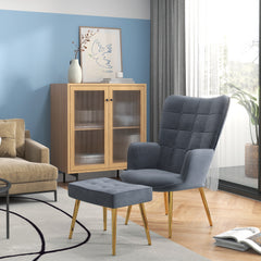 Modern Armchair with Footstool, Upholstered Accent Chair with Ottoman, Steel Legs, Velvet Wingback Chair for Living Room, Bedroom, Home Study, Dark Grey
