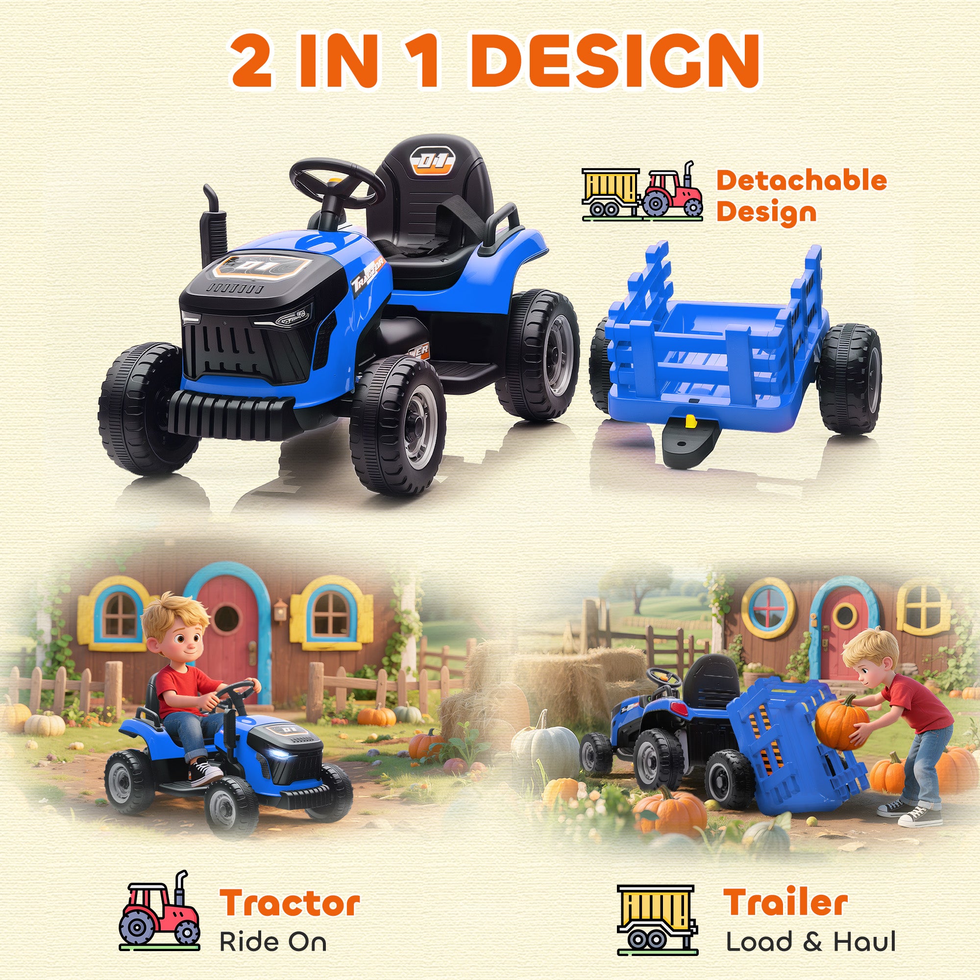 AIYAPLAY 12V Ride on Tractor and Trailer with Remote Control, Music, Shifter, Start-Up Sound, for Kids Ages 3-8 Years, Blue