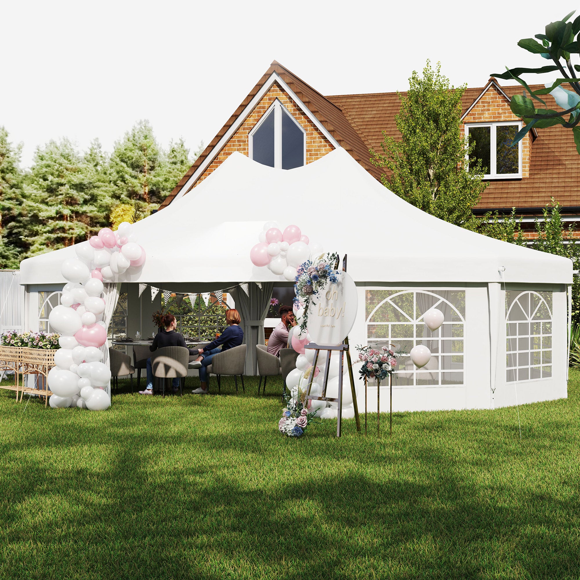 10 Sides Decagonal Garden Gazebo Marquee Party Tent Wedding Canopy Outdoor Heavy Duty Metal Frame (8.9m x 6.5m) - White