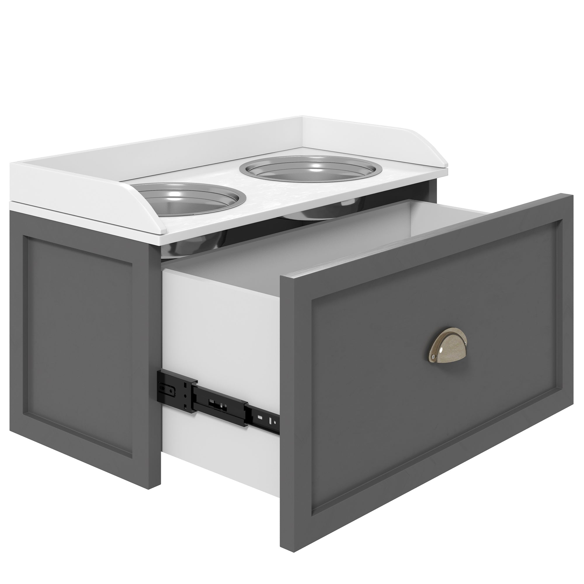 Stainless Steel Raised Dog Bowls, with 21L Storage Drawer for Large Dogs - Grey