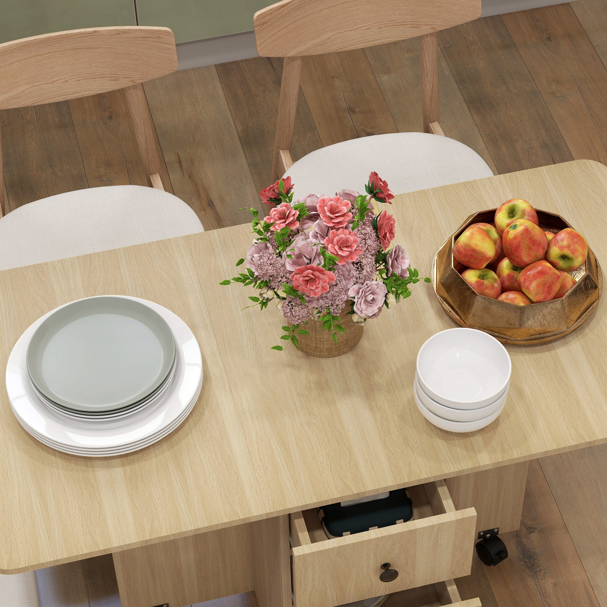 Six-Person Drop Leaf Dining Table, with Storage - Wood-Effect