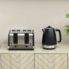 Stainless Steel Kettle and Toaster Set, 1.7L 3000W Rapid Boil Jug Kettle with UK Strix Thermostat, Limescale Filter, 4 Slice Toaster with 7 Browning Controls, Crumb Tray, Black and Silver Tone