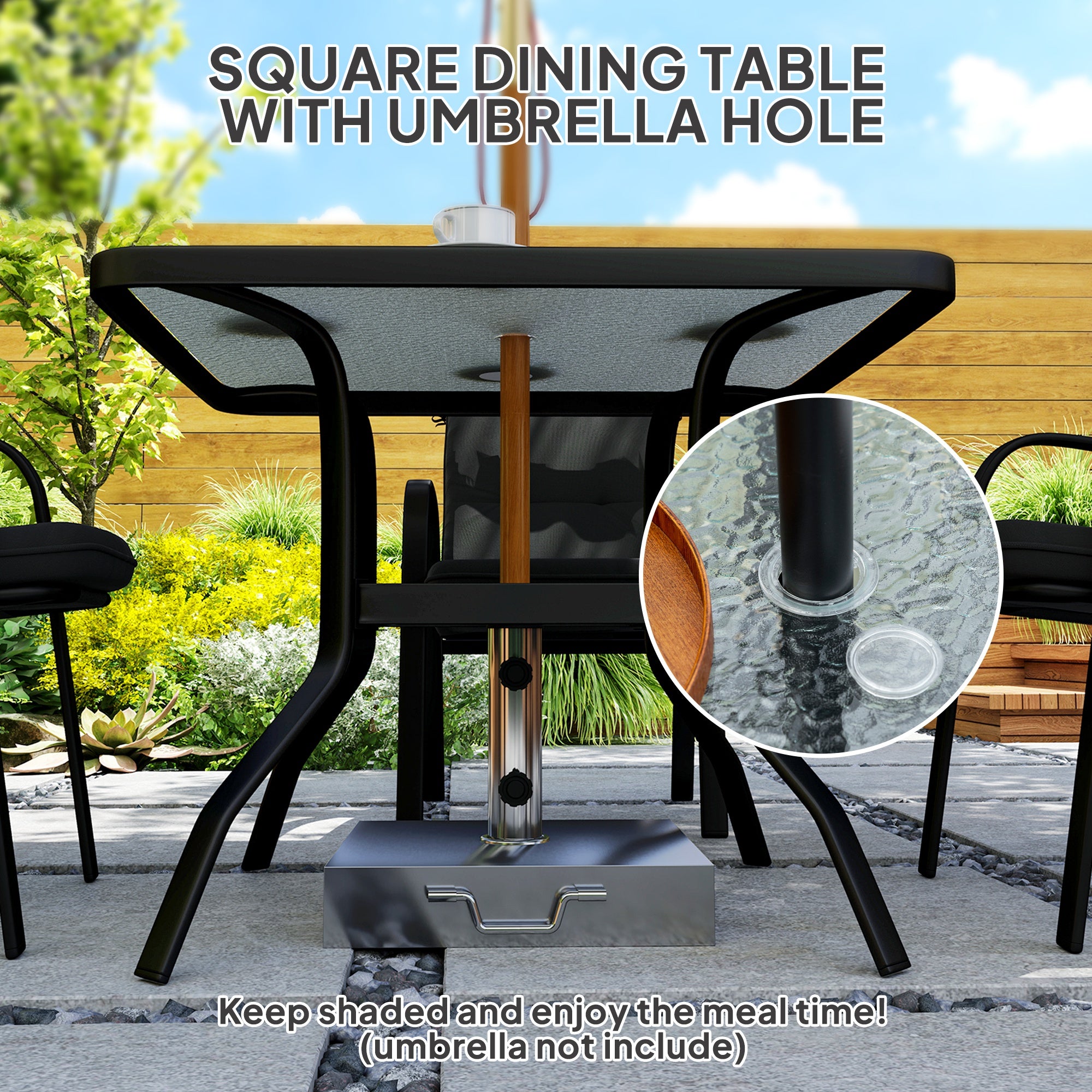 5 Pieces Outdoor Square Garden Dining Set w/ Tempered Glass Dining Table 4 Cushioned Armchairs, Umbrella Hole, Black