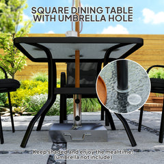 5 Pieces Outdoor Square Garden Dining Set w/ Tempered Glass Dining Table 4 Cushioned Armchairs, Umbrella Hole, Black