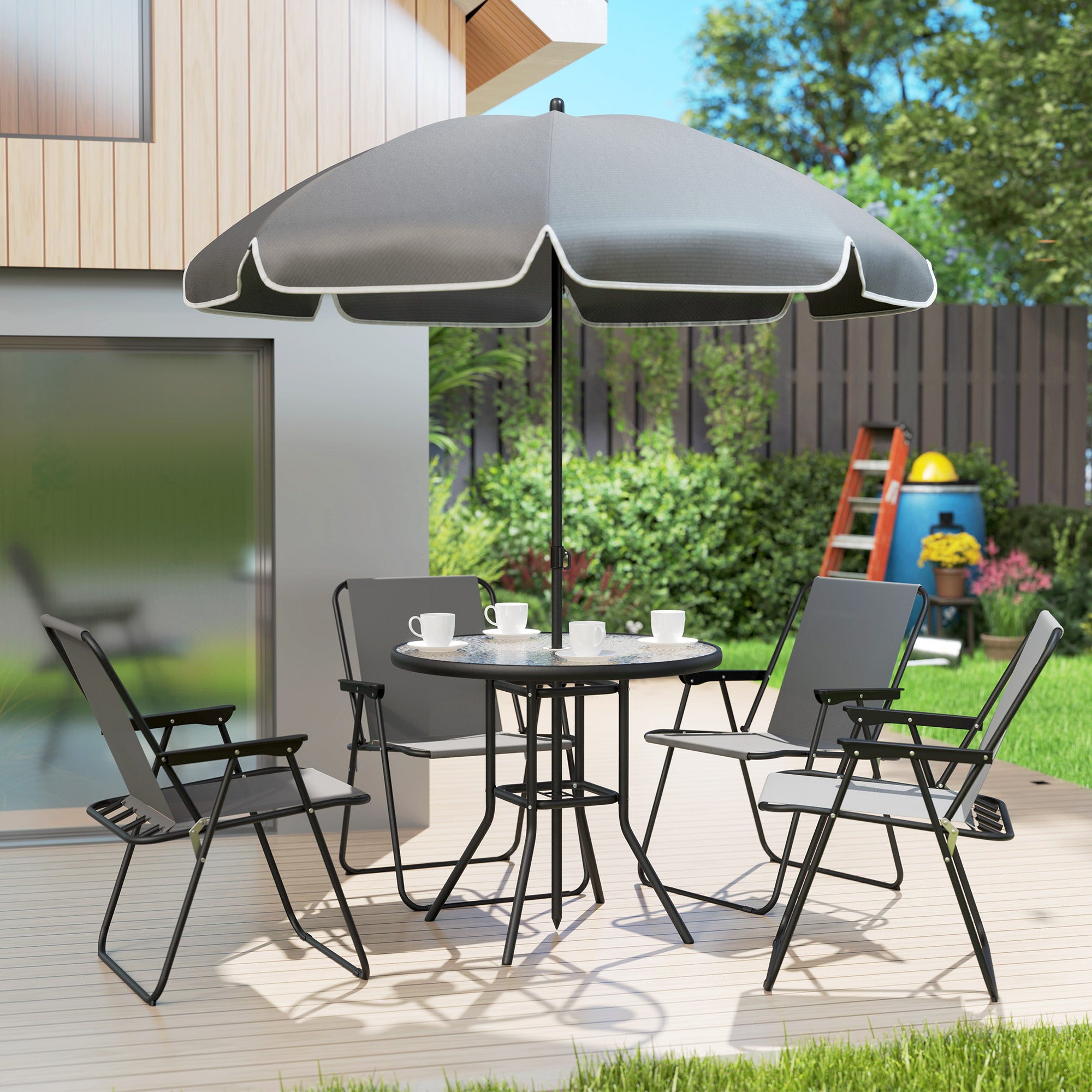 4 Seater Garden Furniture Set, 6 Pieces Garden Table and Chairs with Parasol, Outdoor Garden Dining Set with Folding Chairs and Round Glass Top Table for Patio, Grey