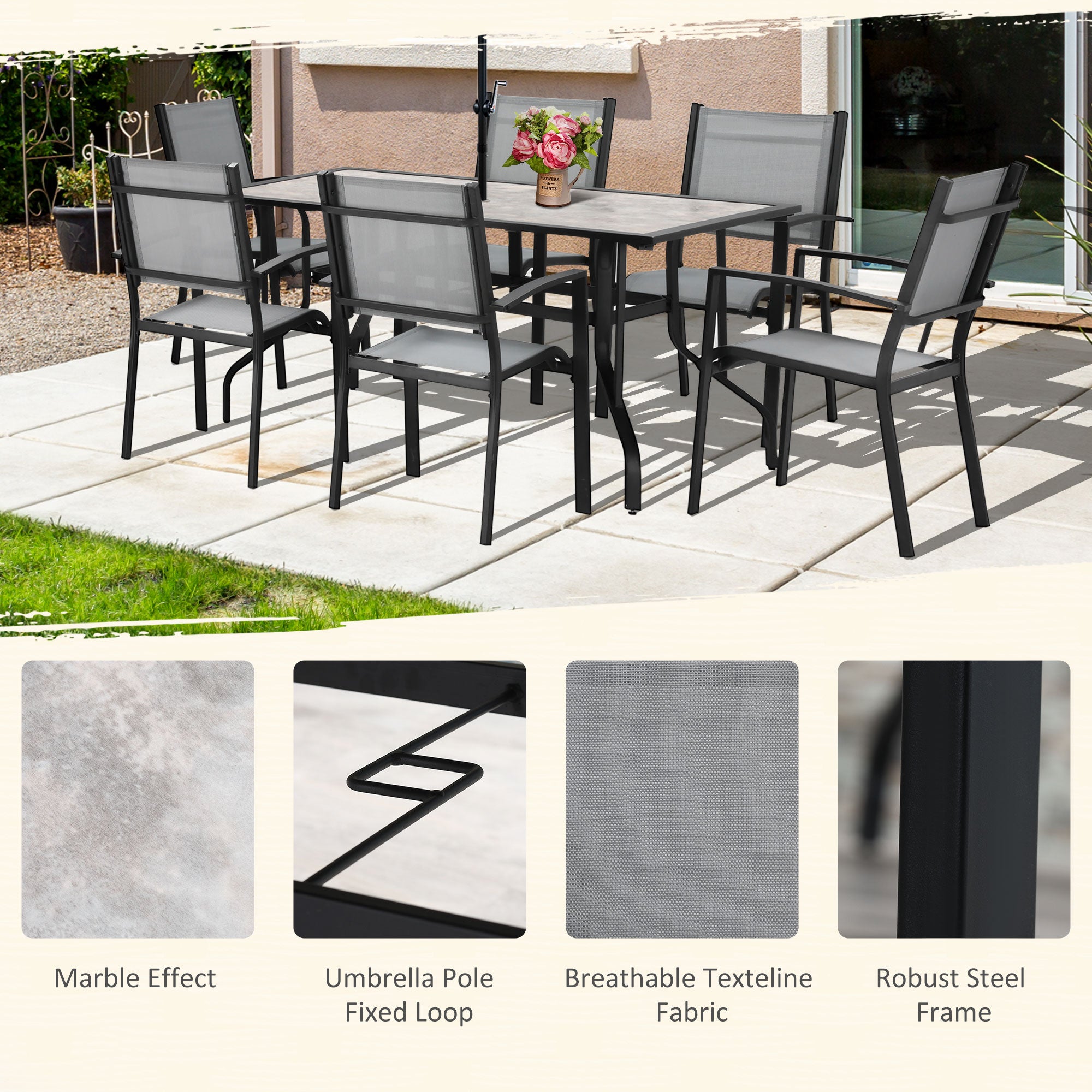 7 Pieces Garden Dining Set, 6 Seater Garden Table and Chairs with Parasol Hole, Outdoor Furniture Armchairs and Stone-like Plastic Top Table with Breathable Mesh Fabric Seat, Grey