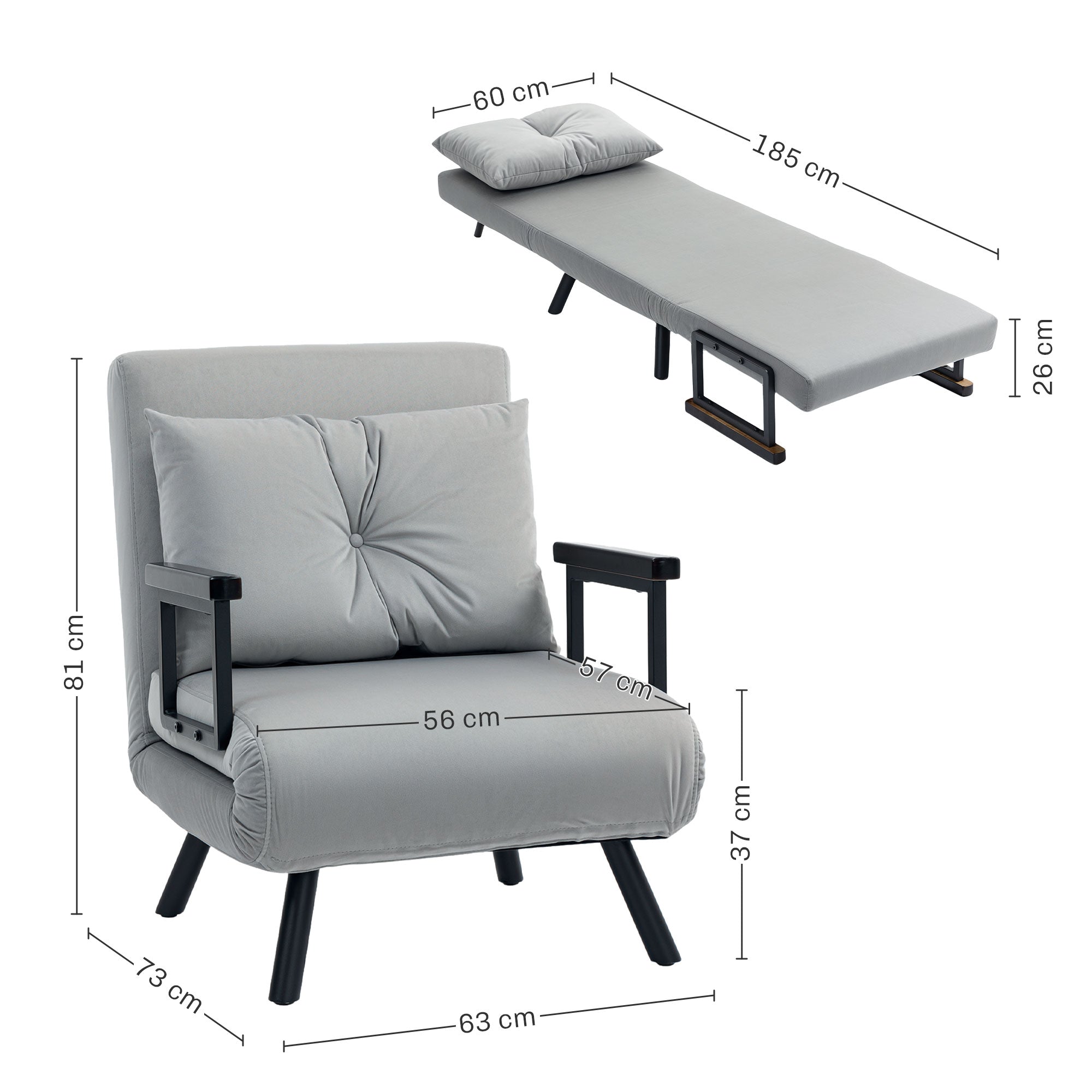 4-in-1 Velvet-Feel Single Chair Bed, with Pillow - Light Grey
