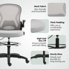Fynco - Adjustable Mesh Standing Desk Chair with Flip-up Armrests Lumbar Support Armrests Adjustable Footrest Ring Grey