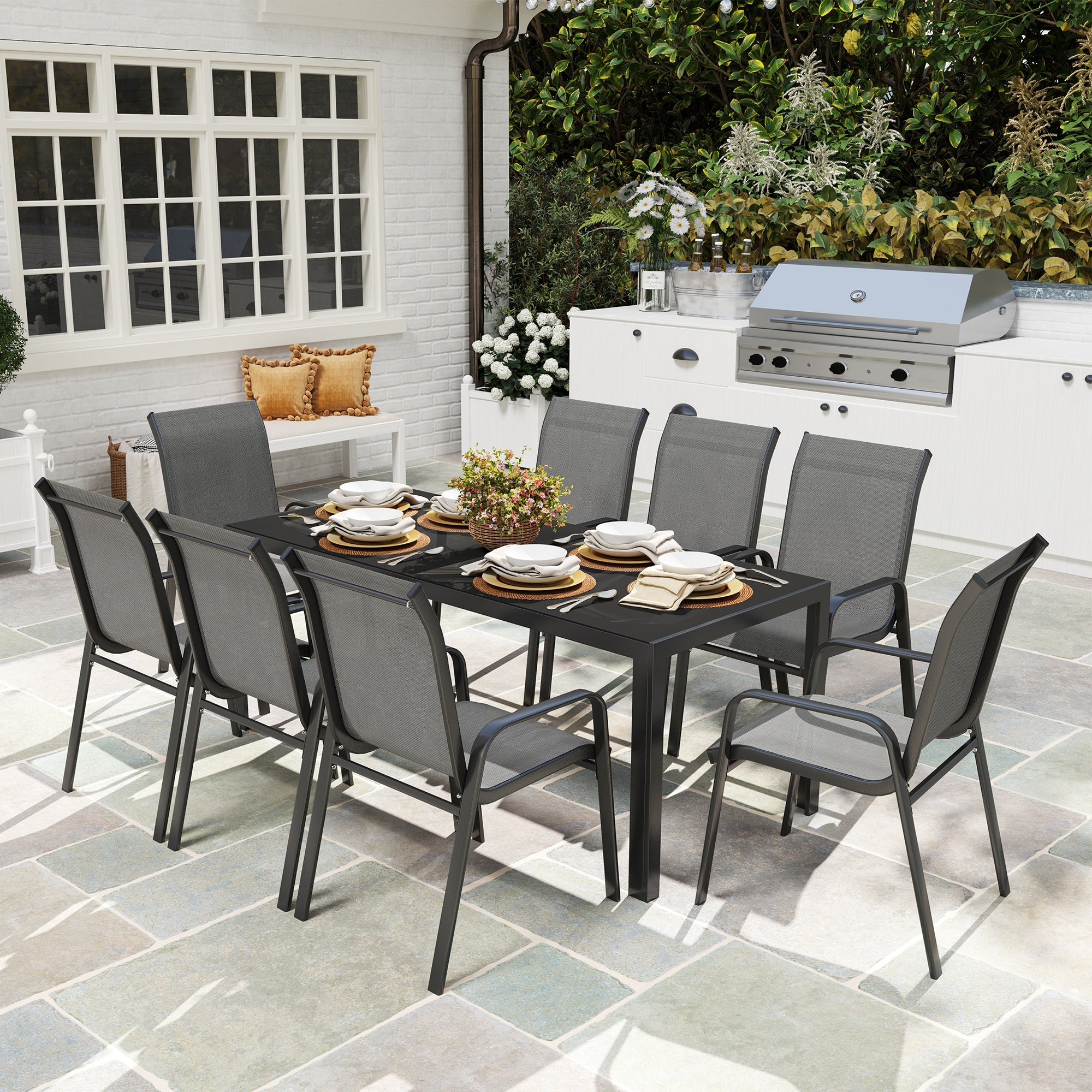 8 Seater Garden Dining Set with Stacking Chairs, Rectangular Tempered Glass Top, Garden Furniture Set, Outdoor Dining Table and Chairs for Patio, Balcony, Poolside, Dark Grey