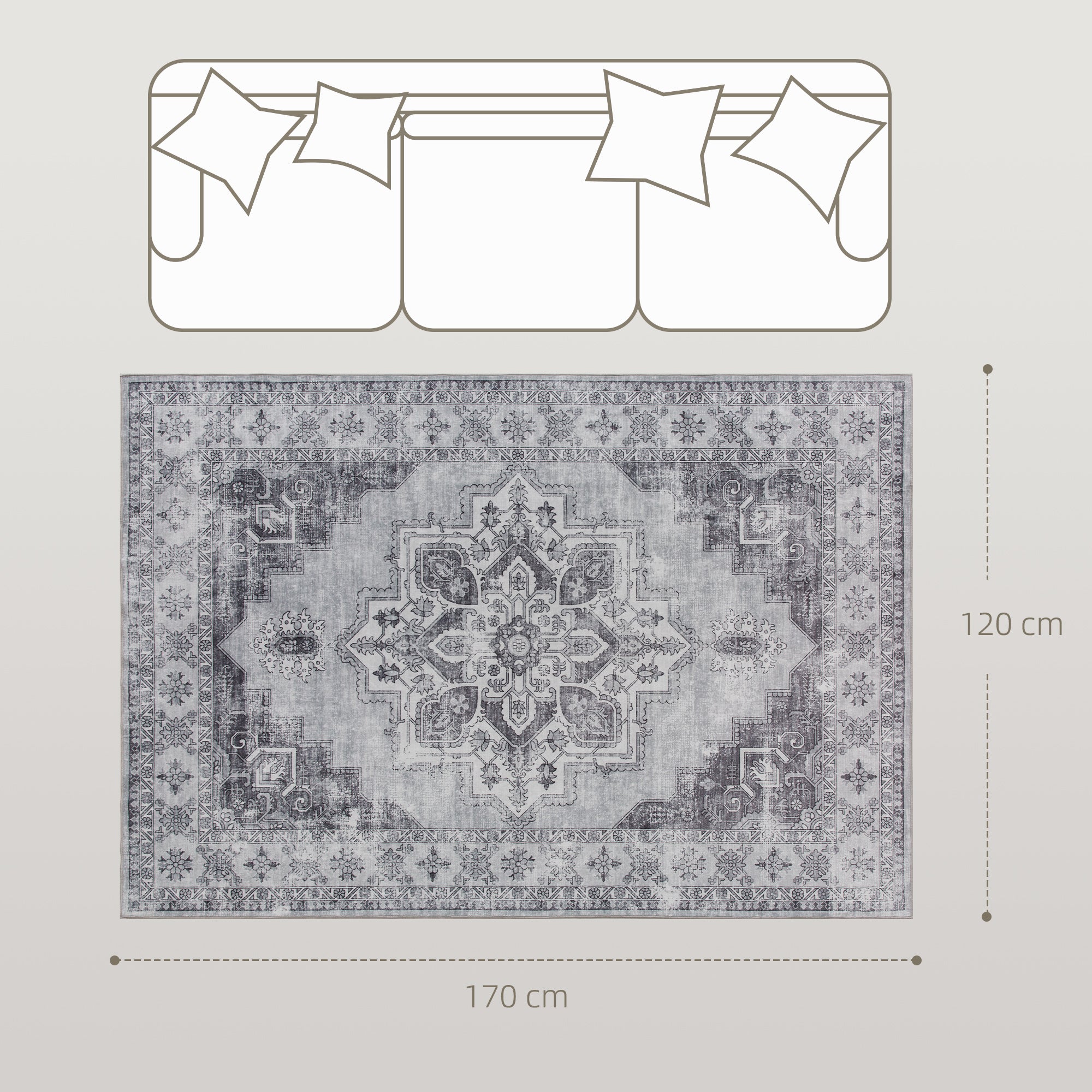 Fynco - Vintage Area Rug, Non-Slip Washable Rug, Flannel Floor Carpet for Living Room, Bedroom, Dining Room, Home Office, 170 x 120 cm, Grey