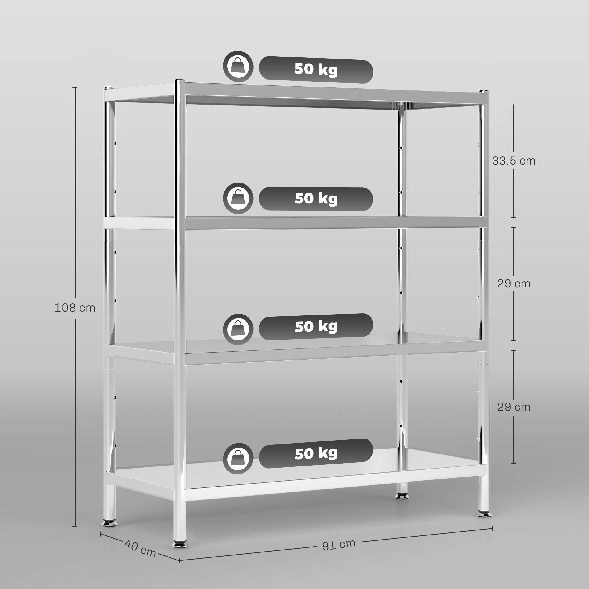 Fynco - 4-Tier Bakers Rack with Storage, Stainless Steel Microwave Stand with Adjustable Shelves for Small Spaces, Kitchen Storage Unit for Spices, Pots and Pans, Silver Tone