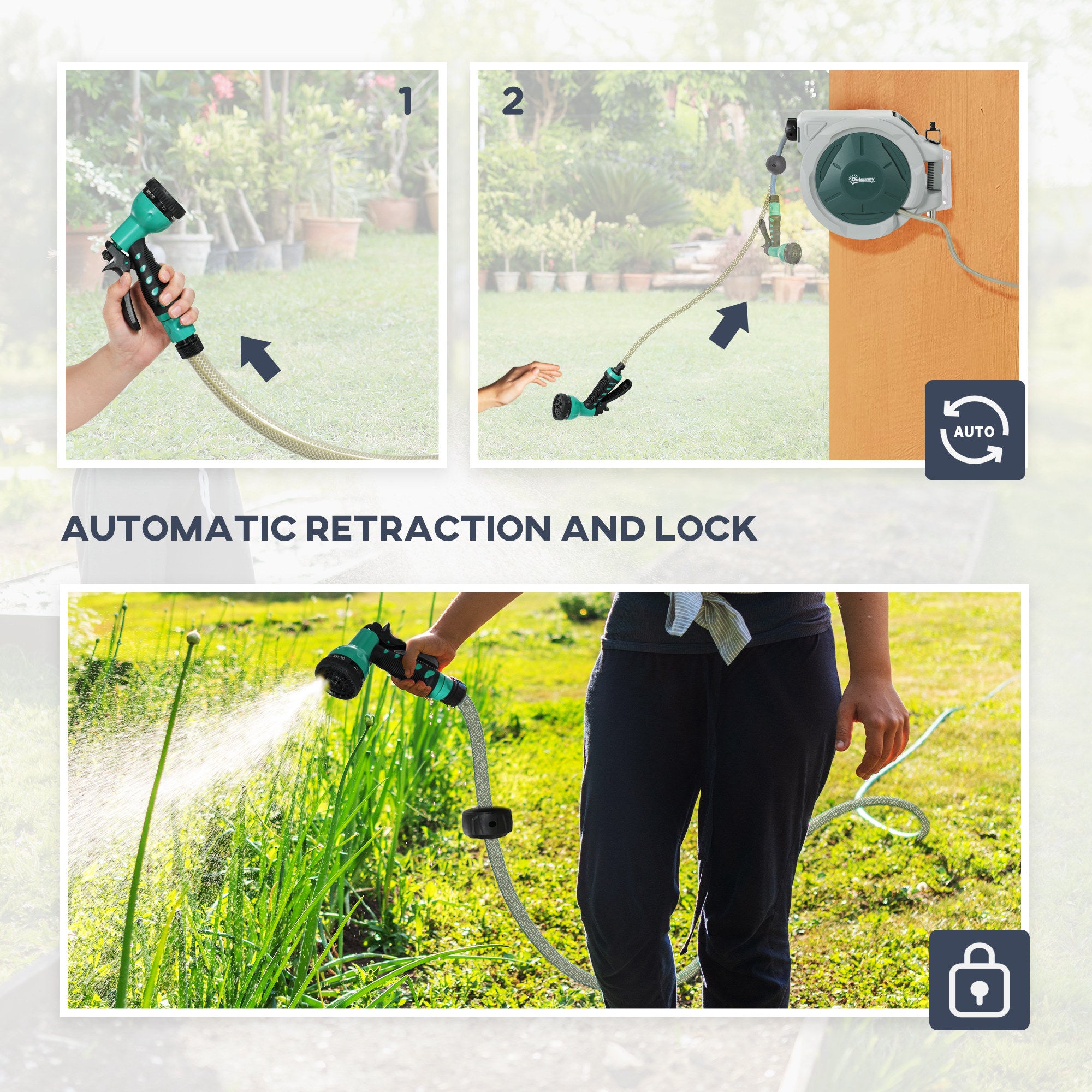 Fynco - Retractable Hose Reel Wall Mounted, 20+2m Garden Hose Pipe Reel with Lock, Auto Rewind, 7 in 1 Spray Nozzle, Includes Wall Fixings, 180° Swivel, Outdoor Watering, Light Grey