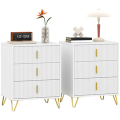 Set of 2 Elegant Chest of Three Drawers - White/Gold-Tone