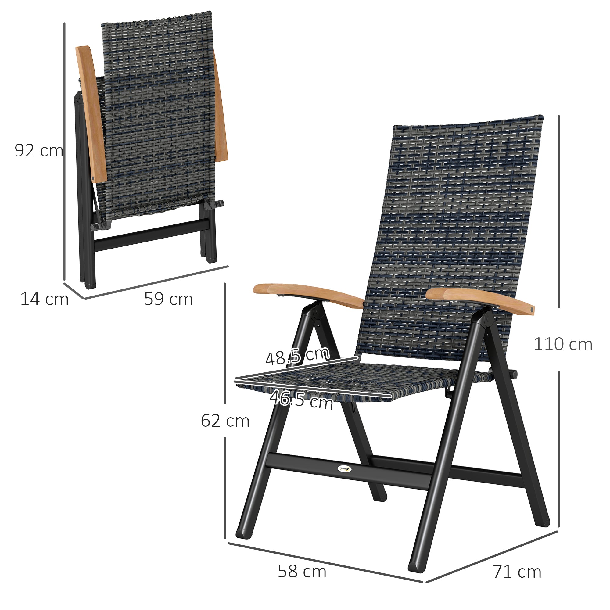 2 Pieces Folding Rattan Garden Dining Chairs with 5-level Reclining High Back, Wood Armrests for Outdoor - Mixed-grey