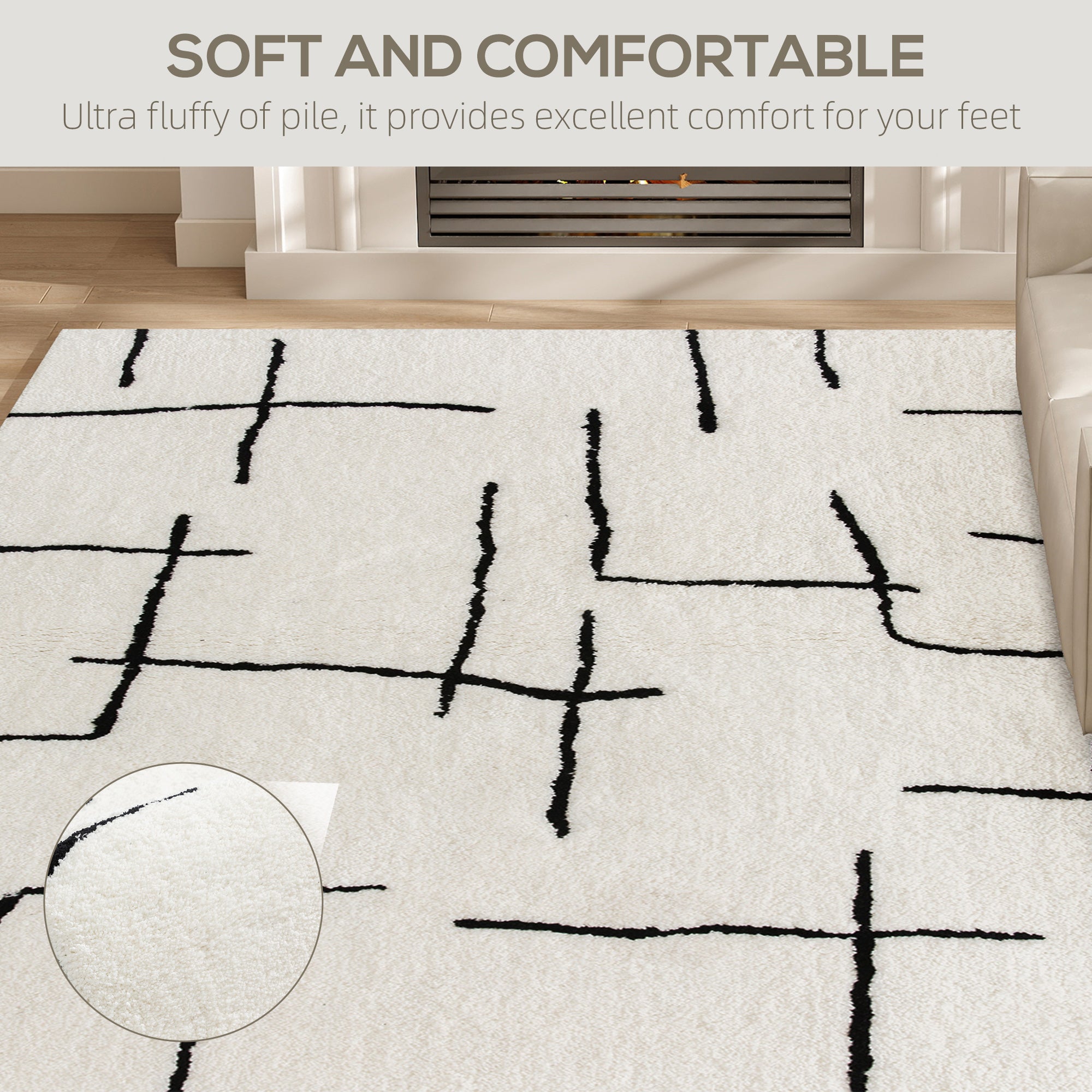 Fynco - Modern Fluffy Area Rug, Geometric Pattern Washable Rug, Soft High Pile Floor Carpet for Living Room, Bedroom, Dining Room, Home Office, 170 x 120 cm, Cream