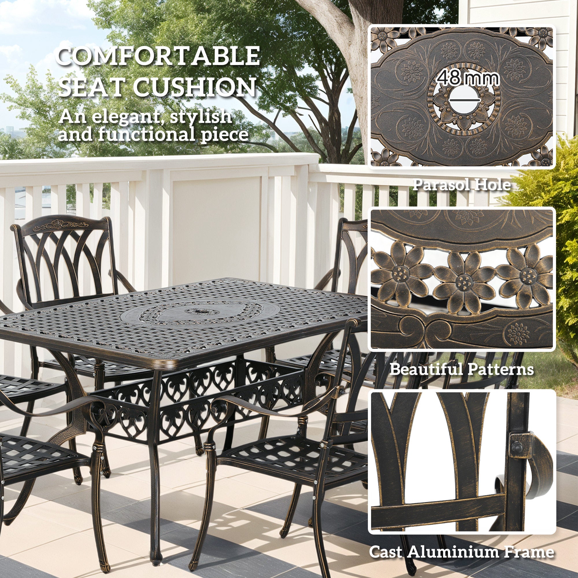 Seven-Piece Cast Aluminium Garden Dining Set - Bronze Tone
