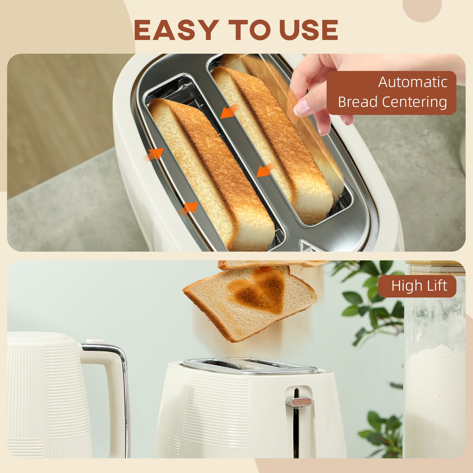 Kettle and Toaster Set, 1.7L 3000W Fast Boil Kettle & 2 Slice Toaster Kitchen Set with 7 Level Browning Controls, Defrost, Reheat, Boil-dry Protection, Cream White
