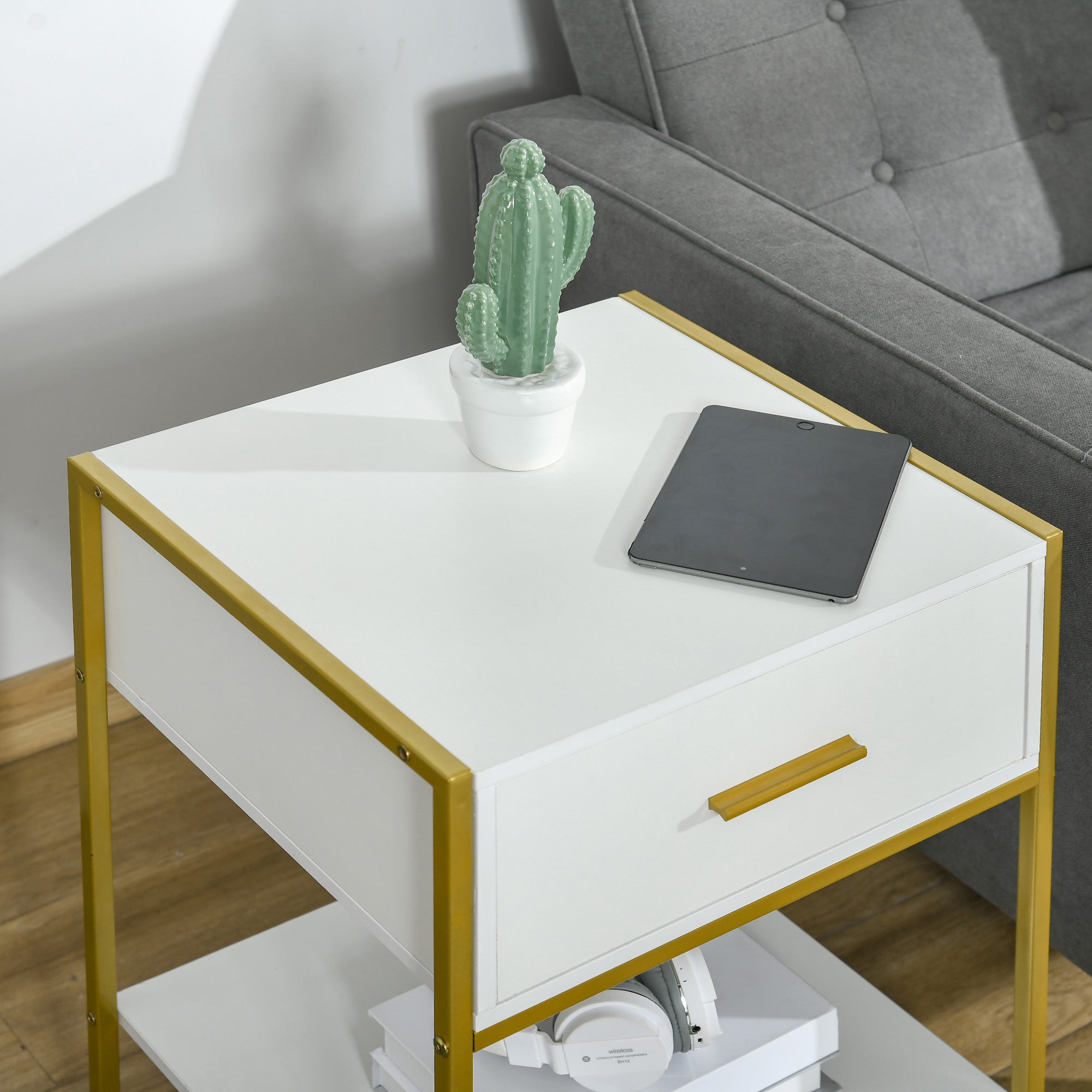 Bedside Table Set of 2, Modern Side Tables with Drawer and Shelf, Nightstands for Bedroom, White