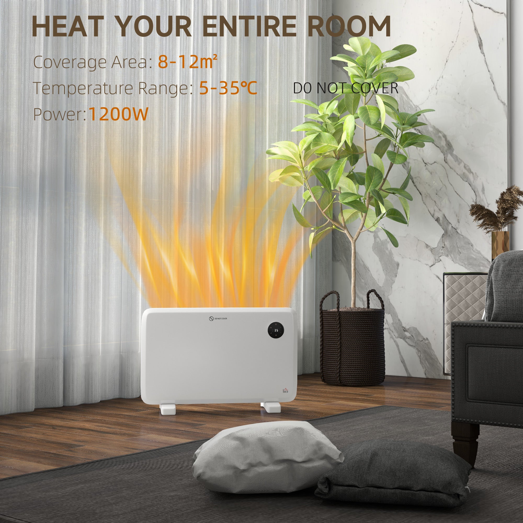 Fynco - 1200W Electric Convector Heater, Freestanding or Wall Mounted, Space Heater with Adjustable Thermostat, Timer, White
