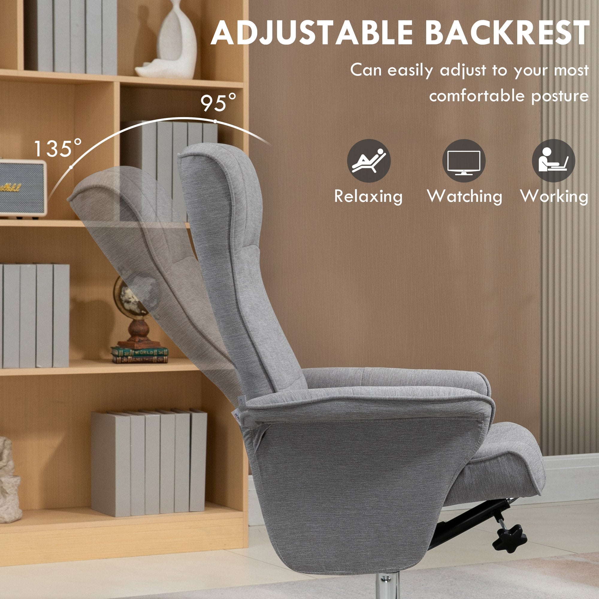 Fynco - Swivel Recliner Chair with Footstool, Velvet Recliner Armchair with Ottoman, Steel Base, Upholstered Reclining Chair for Living Room, Bedroom, Office, Grey