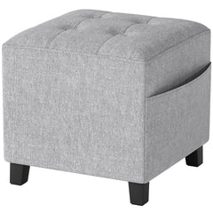 Fynco - Square Footstool, Small Ottoman with Side Pocket, Linen Fabric Footrest Foot Stool with Rubber Wood Legs and Padded Seat for Living Room, Bedroom, Entryway, 35 x 35 x 35cm, Light Grey
