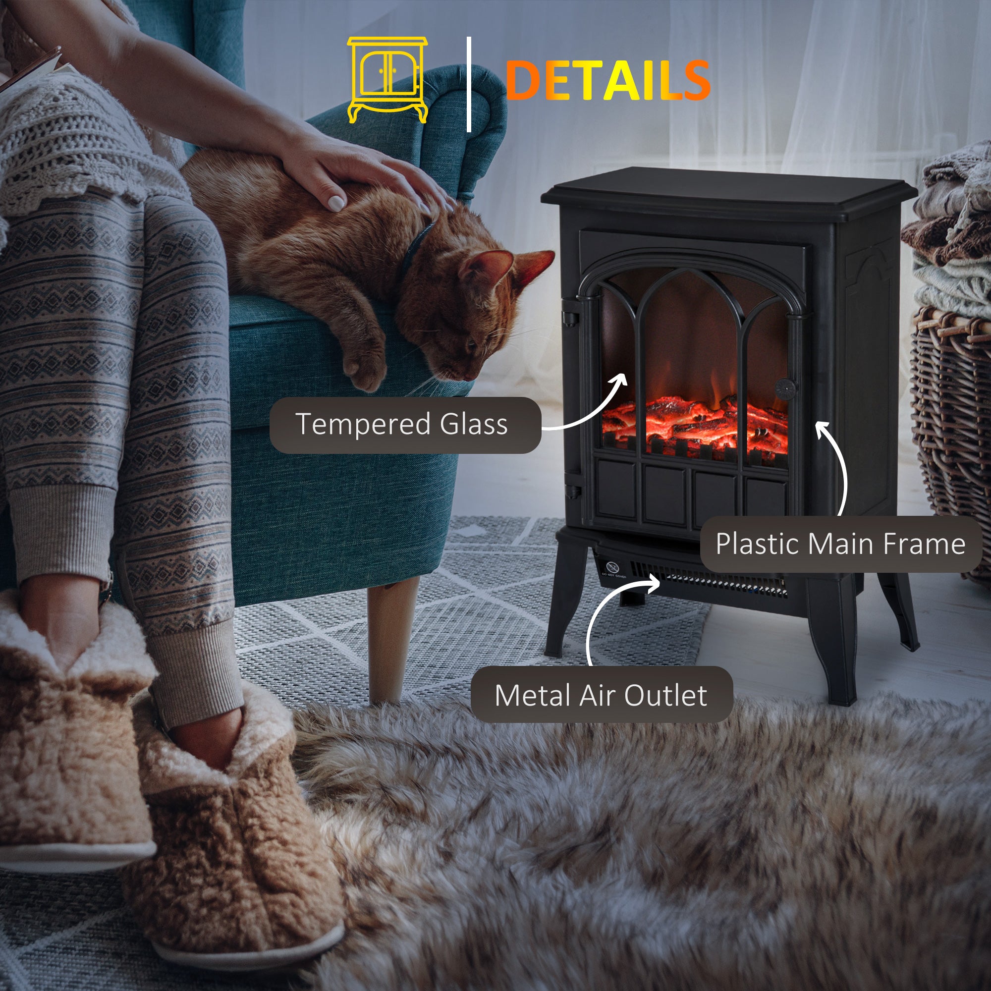 Fynco - Freestanding Electric Fireplace, Electric Stove Heater with LED Flame Effect, Overheating Safety System, 1000W/2000W Black