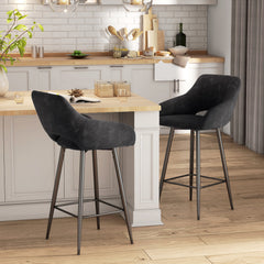 Set of Two Velvet-Feel Bar Stools - Grey