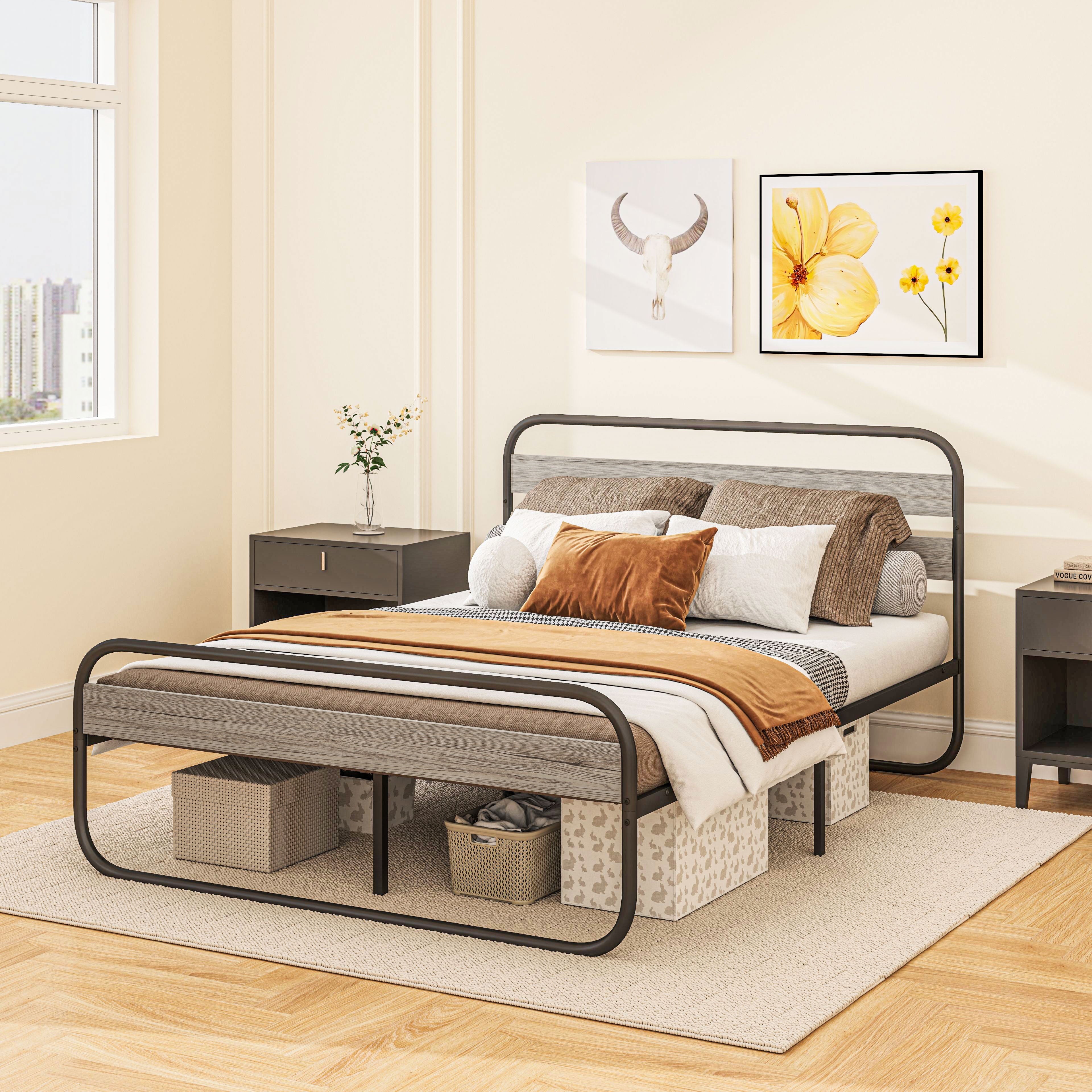4ft6 Double Bed Frame, Industrial Style Metal Platform Bed Frame with Under Bed Storage, No Box Spring Needed, Easy Assembly, Grey