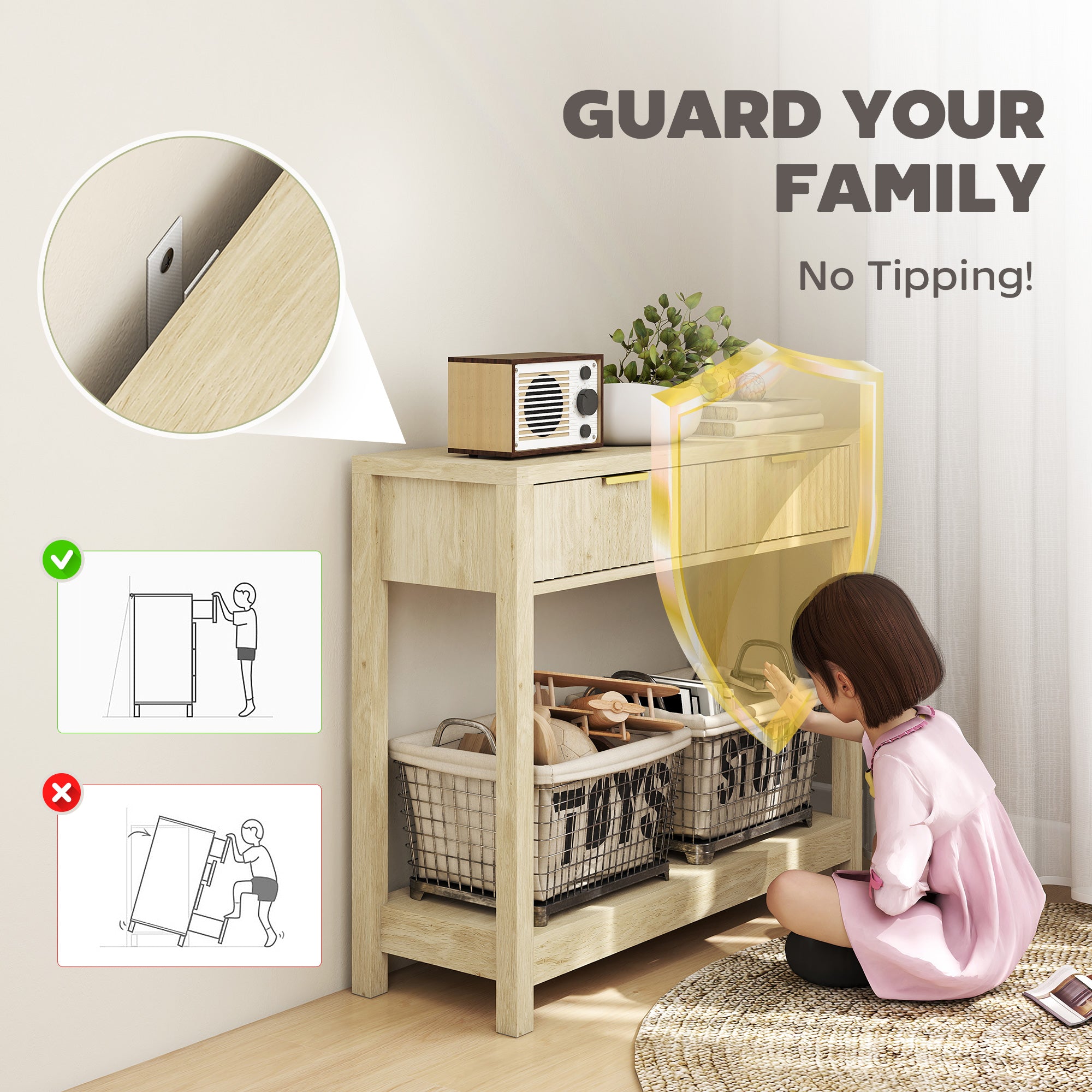 Fynco - Modern Console Table with Fluted Panel Drawers, Narrow Hallway Table with Shelf for Entryway, Living Room, 90 x 30 x 76 cm, Natural Wood Finish