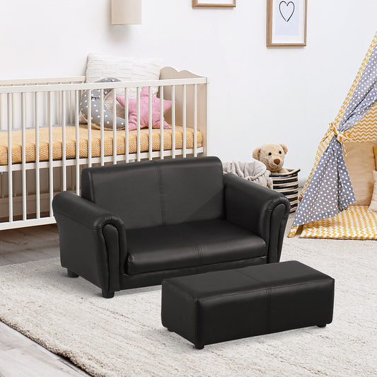 Kids Sofa Bed Kids Twin Sofa Toddler Chair 2 Seater Kids Twin Sofa Chair Boys Girls Couch w/ Footstool (Black)