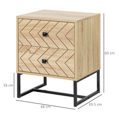 Bedside Table Nightstand Two-Drawer Bedroom Storage Unit Zig Zag Design with Black Metal Handles, Natural
