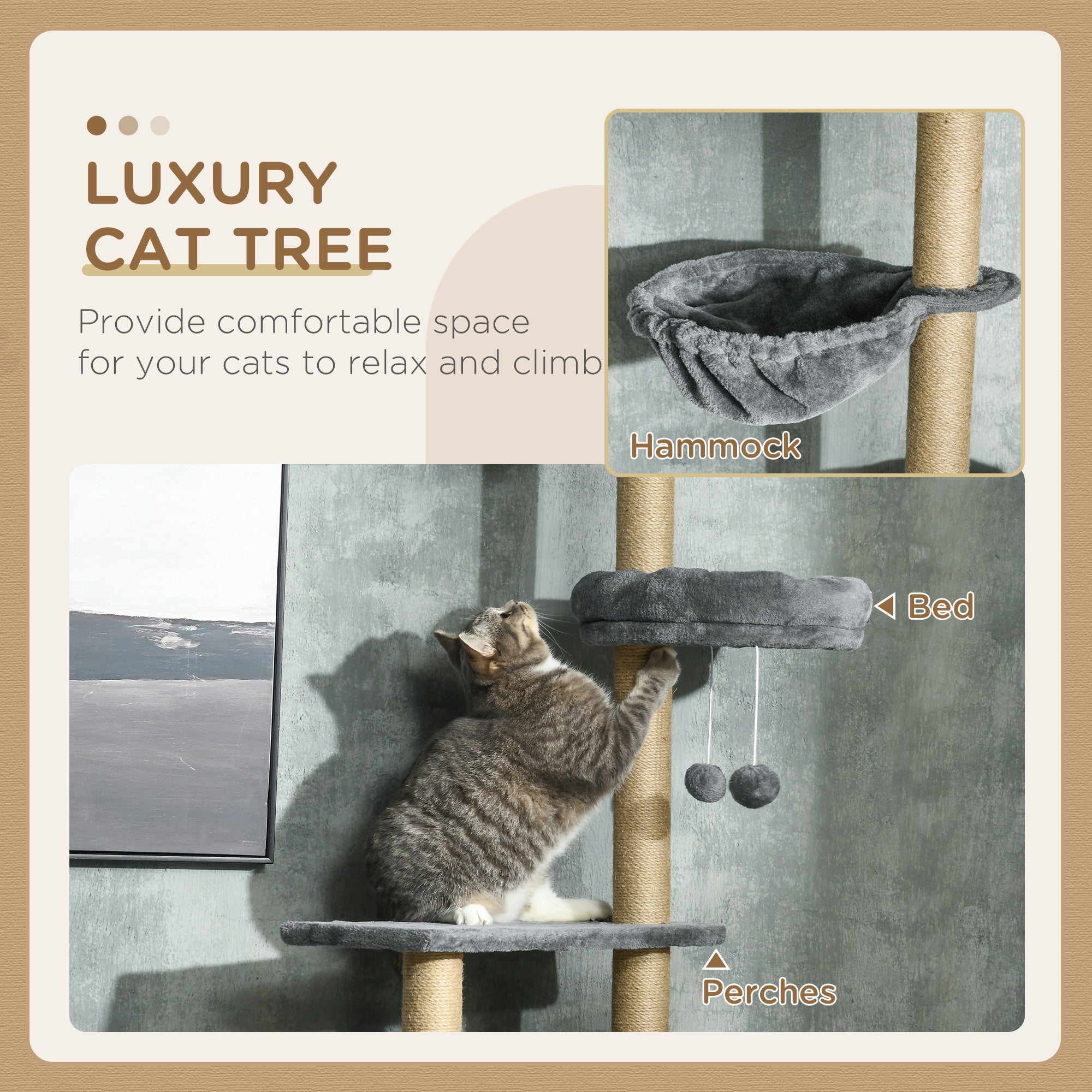 Floor to Ceiling Cat Tree for Indoor Cats, 6-Tier Play Tower Climbing Activity Center with Scratching Post, Platforms, Bed, Hammock, Adjustable Height 230-250cm, Grey