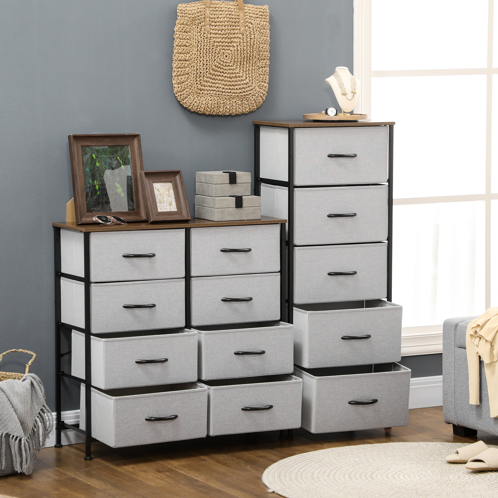 Fabric Chest of Drawers, Industrial Bedroom Dresser with 5 Fabric Drawers, Steel Frame and Wooden Top for Nursery, Living Room, Hallway, Grey