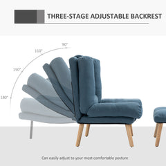 Armchair with Footstool, 180° Recliner with Ottoman, Accent Chair and Footstool with 3-Position Adjustable Backrest and Wooden Legs for Living Room, Blue