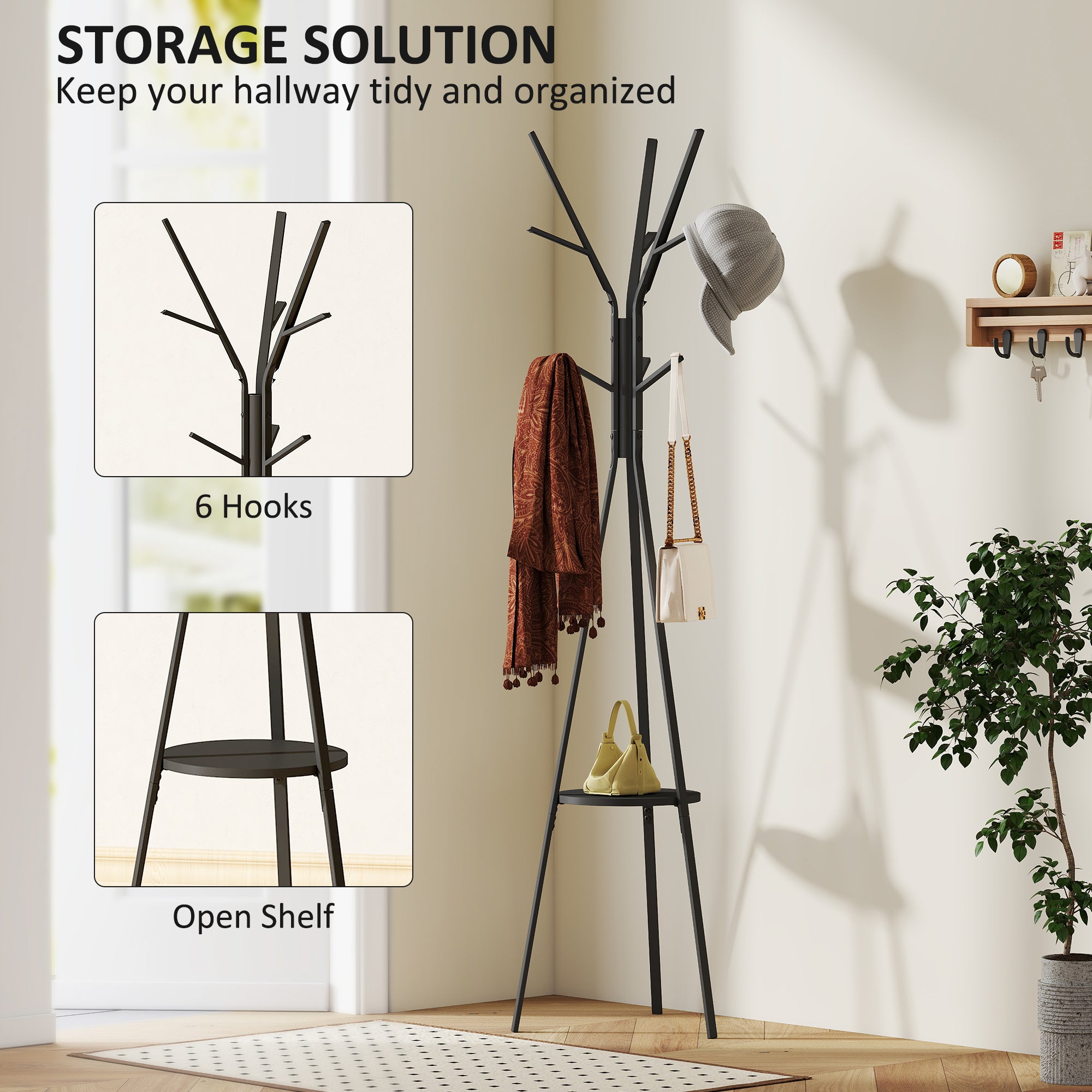 Freestanding Metal Coat Rack Stand 9 Hooks Clothes Tree with 1 Shelf Hat Display Hall Tree Hanger Bag Umbrella Hanging Organiser Black