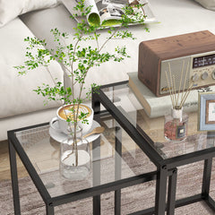 Nesting Tables Set of 2, Side End Table with Tempered Glass Top and Steel Frame for Living Room, Bedroom, Black