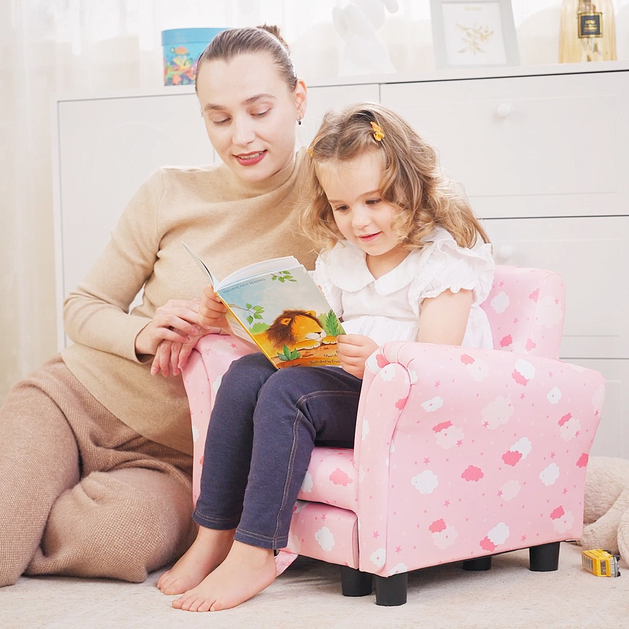 Toddler Chair Children's Armchairs Wood Frame w/ Footrest Anti-Slip Legs High Back Arms for Bedroom Playroom Cute Cloud Star Pink
