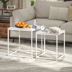 Nest of Tables, Set of 2 Coffee Table, Side Tables with Tempered Glass Desktop and Metal Frame for Living Room, Bedroom, Office, White