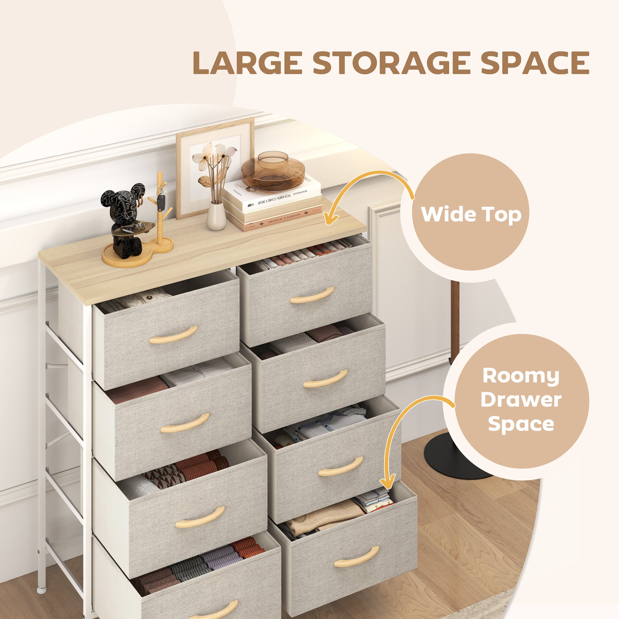 Fabric Chest of Drawers, Industrial Bedroom Dresser with 8 Fabric Drawers, Steel Frame and Wooden Top for Nursery, Living Room, Hallway, Maple Wood-effect