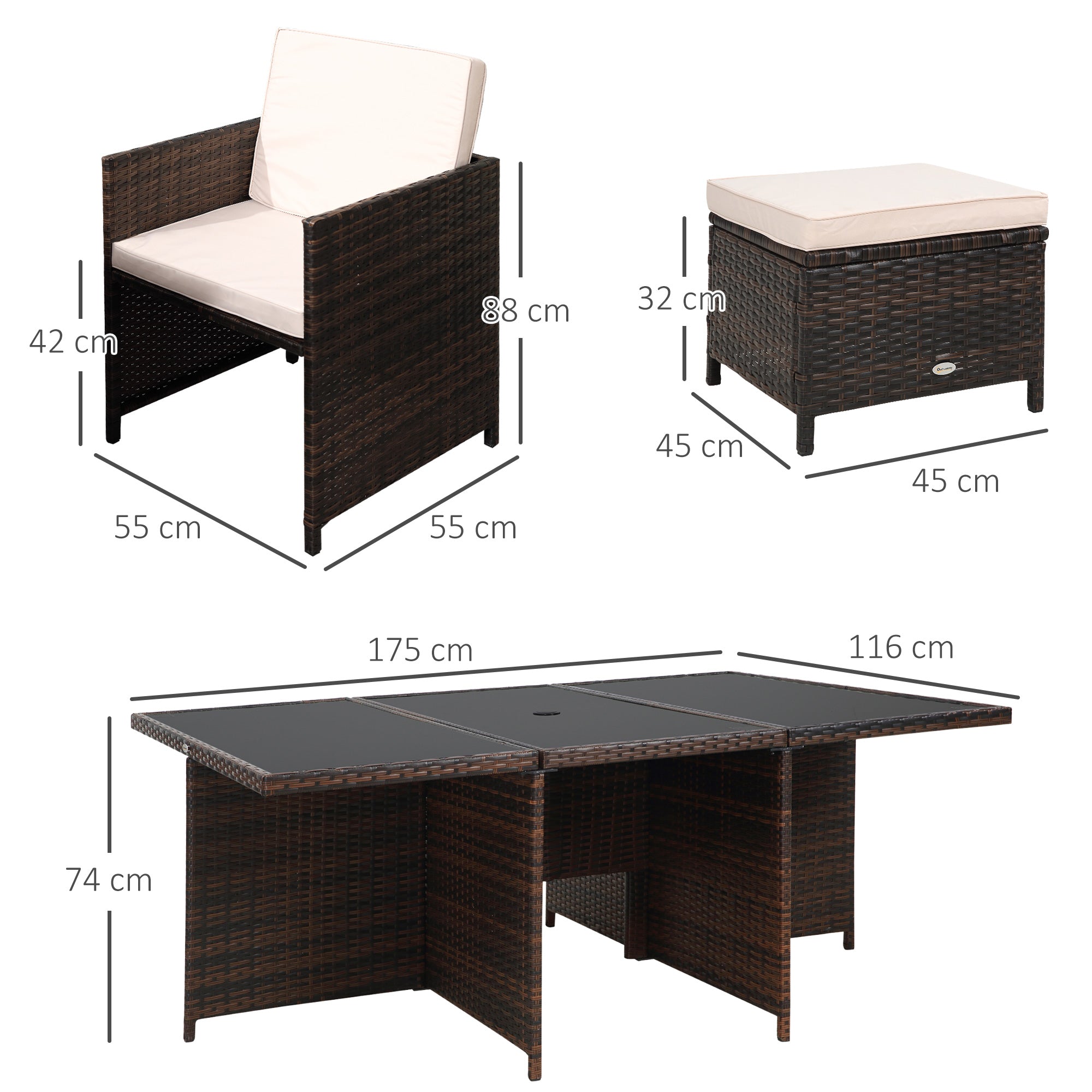10 Seater Rattan Cube Garden Furniture Set with Parasol Hole, Rattan Dining Set with Cushions, Outdoor Dining Table and Chairs with Rectangular Glass Top Table for Patio, Mixed Brown