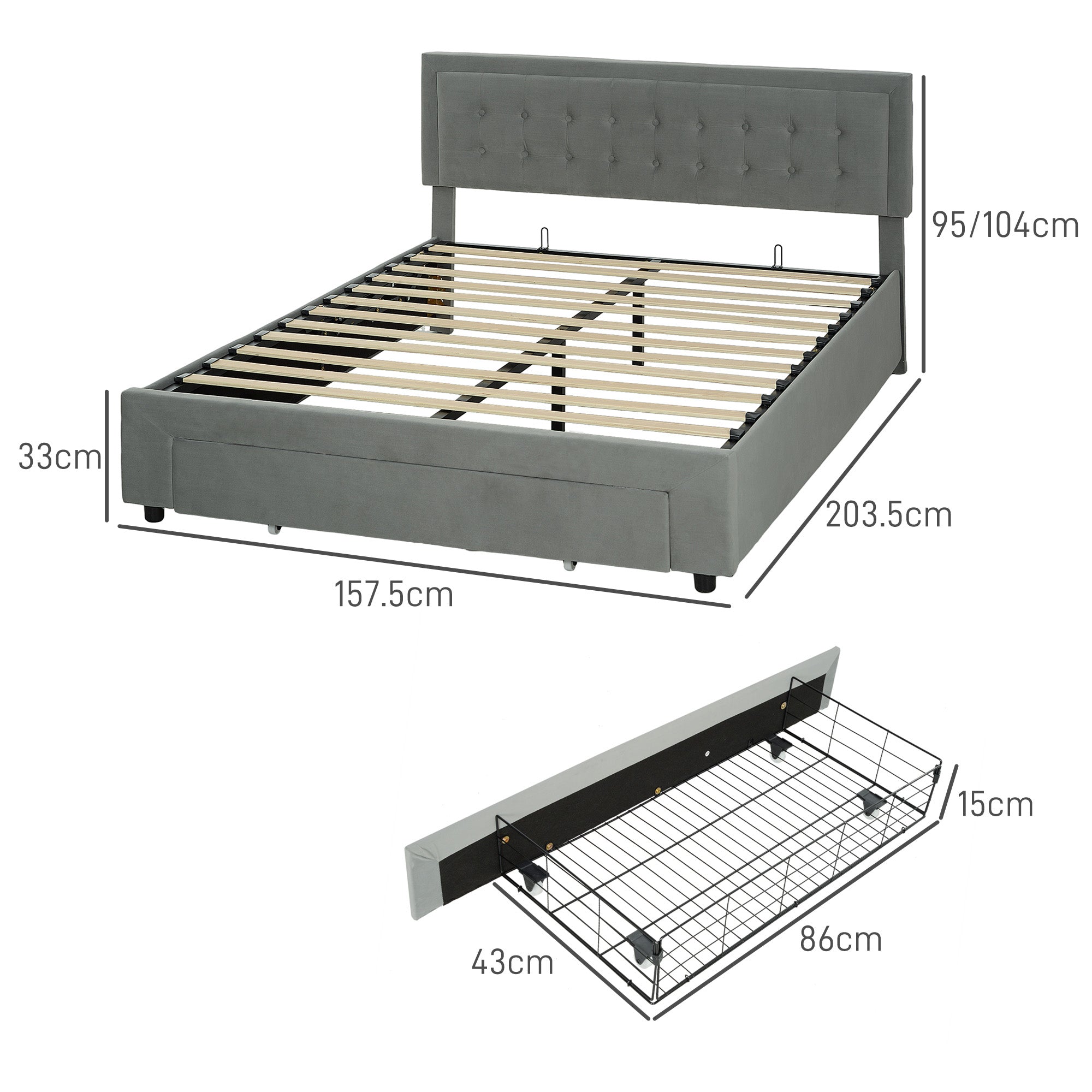 King Size Ottoman Bed Frame, with Front Drawer - Grey